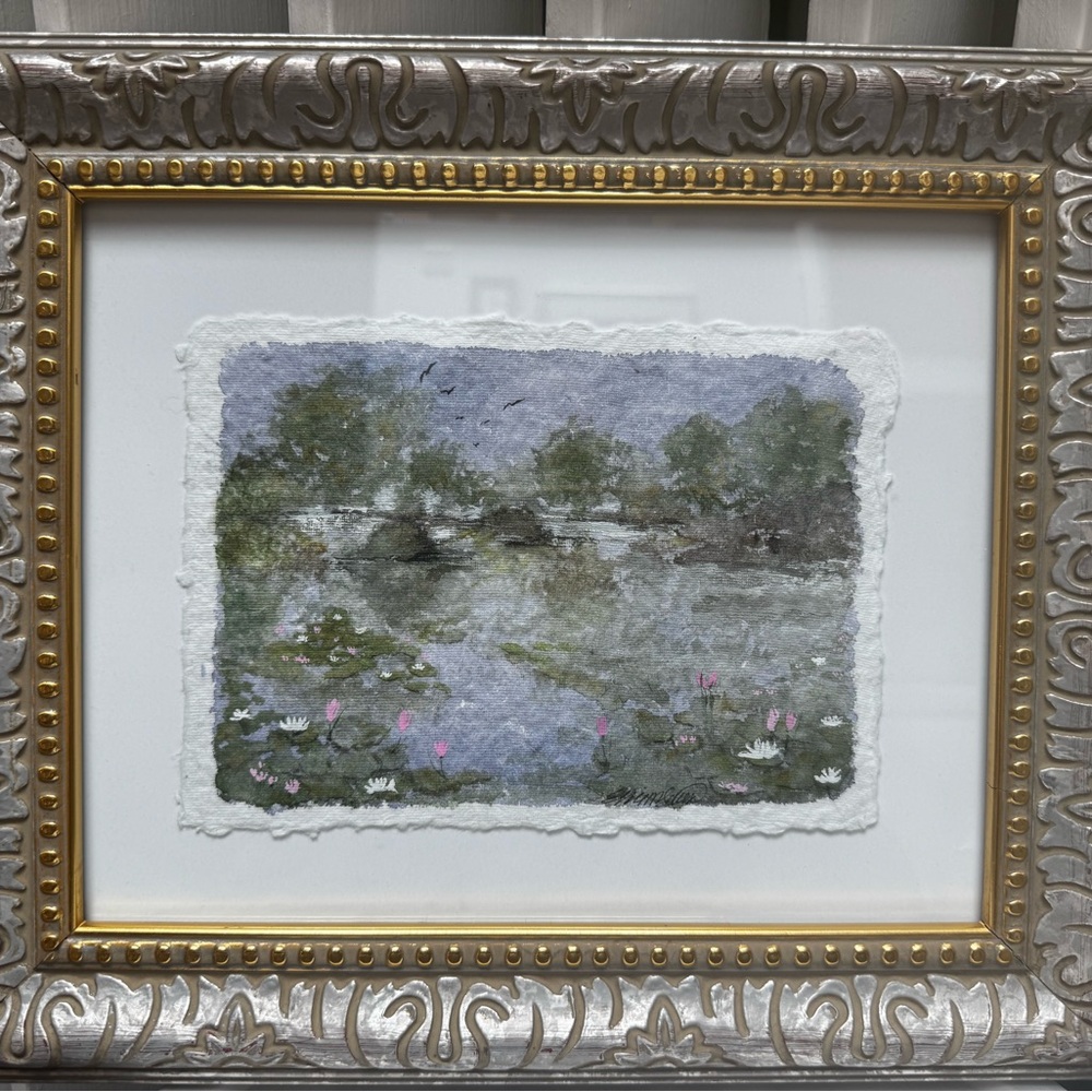 Original Framed Watercolor Landscape with Lilies